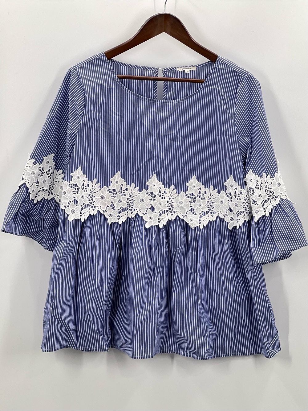 312 JODIFL Blue and White Striped Lace-Trim Peplum Tunic Large
